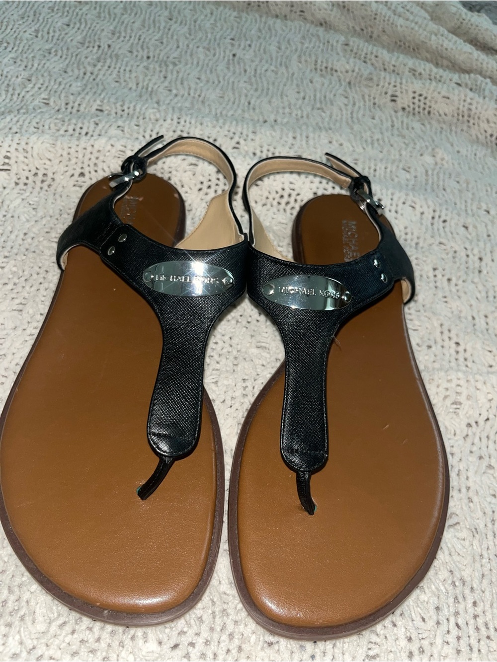 Michael Kors Black and Brown T-Strap Logo Sandals